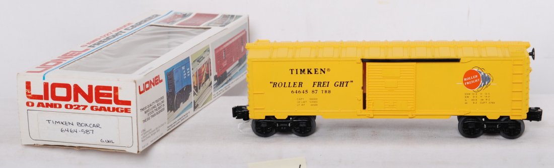 Lionel 6464-587 Glen Uhl Timken w/9700 end plate: Modern era Lionel O gauge 6464-587 Glen Uhl Timken boxcar with 9700 Series end plates. Train looks unrun C9-10. An incorrect hand identified on one end of box, included. Other end of box is 9624 Major
