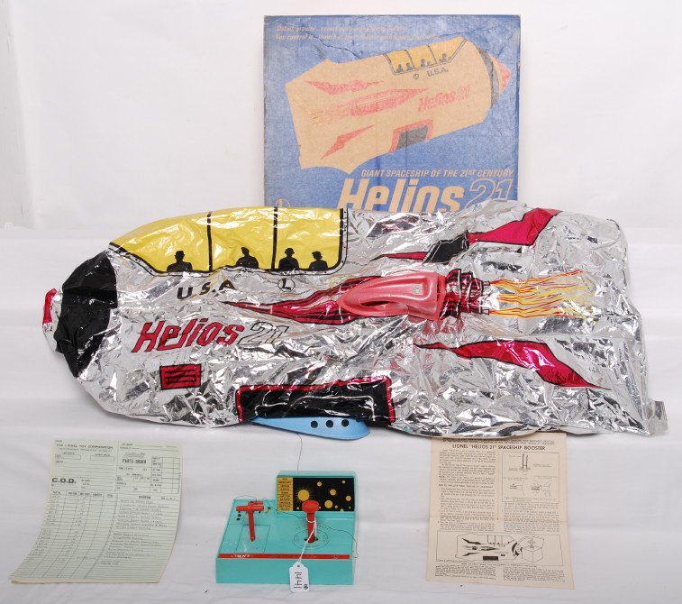 Lionel No. 861 Helios 21 Giant Spaceship in OB: Postwar Lionel No. 861 Helios 21, Giant Spaceship of the 21st Century in original box with spaceship, wiring, controller, and paper literature. Spaceship looks looks C7-8 with C6 styrofoam motors. Box
