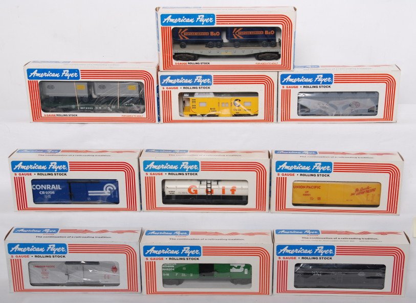 10 American Flyer cars 9206, 48302, 9106, etc: American Flyer modern S gauge freight cars in OBs. Ten cars include 9400 Chessie caboose, 9005 New York Central flat with vans, 9708 Conrail boxcar, 9206 New York Central covered hopper, 9100 Gulf tan