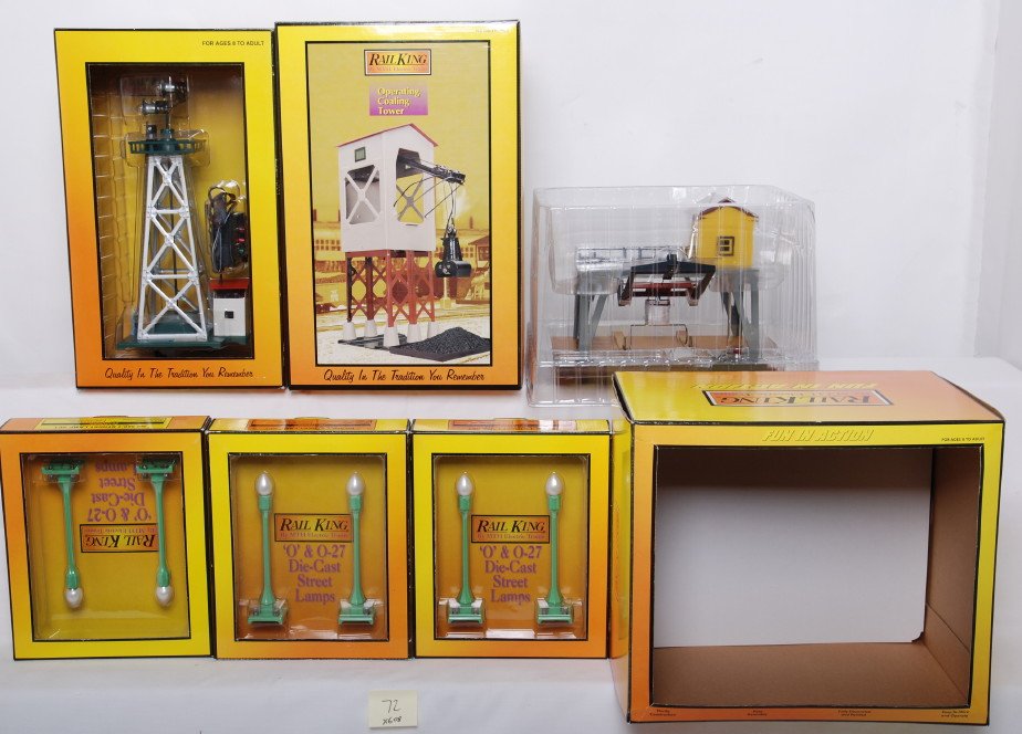 Railking / AF accessories Gabe, 787, coal tower, et: MTH Railking modern O gauge / S gauge accessories. Includes 9043 coaling tower, 9119 787 log loader, 9120 Gabe the Lamp Lighter, and three 30-1070 lamp sets. Items are generally C8 to C9.