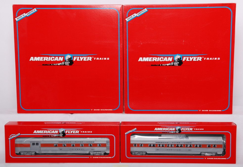 2 American Flyer New Haven 49605 passenger 3 packs: American Flyer modern S gauge New Haven 49605 three car passenger sets. Both sets are C9 area with no major signs of running beyond factory testing. OBs have very light wear at flap corners.