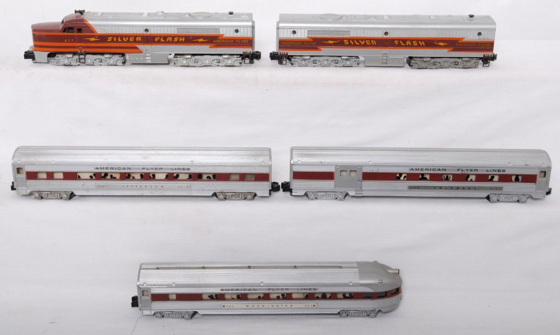 American Flyer K5469WT Silver Flash passenger set: American Flyer postwar S gauge K5469WT Silver Flash passenger set. Includes 477 powered A, 478 B unit, 961 Jefferson coach, 960 Columbus combo, and 963 Washington observation. Trains are generally C6-