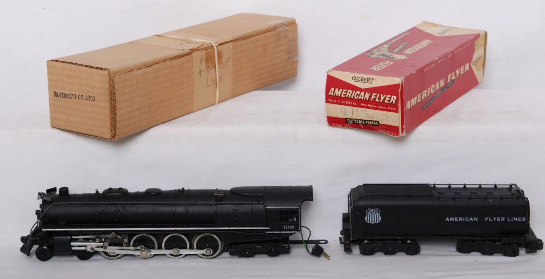 American Flyer 21140 Union Pacific 4-8-4 Northern: American Flyer postwar S gauge 21140 Union Pacific 4-8-4 Northern steam locomotive in OBs. Both OBs are complete, but tender box has tape repairs to one end and both OBs have pencil writing. Loco and