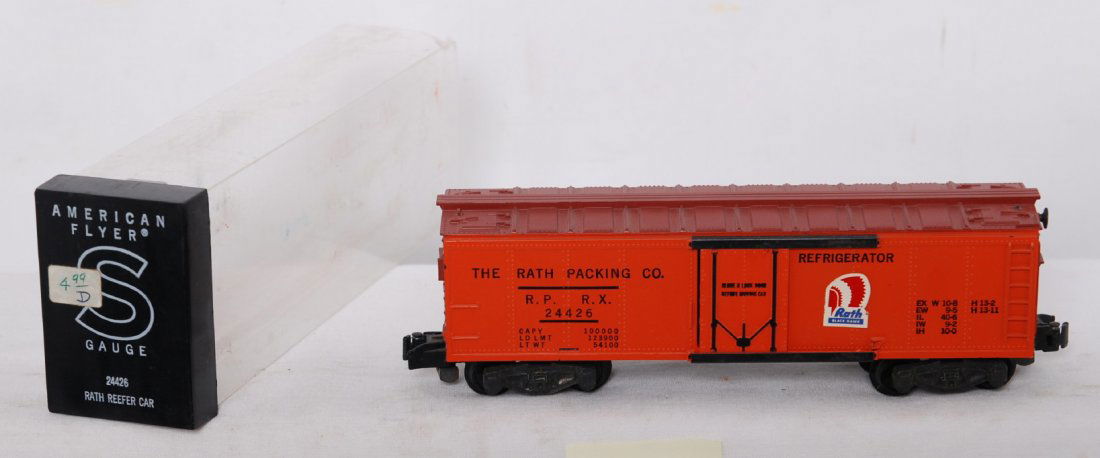 American Flyer Kleer-pak 24426 Rath reefer: American Flyer postwar S gauge 24426 Rath reefer in Kleer-pak box. Reefer is C7 with run time. Two lift tabs broken on ice hatches. Box is missing one end and has some light scuffing and paint transfe