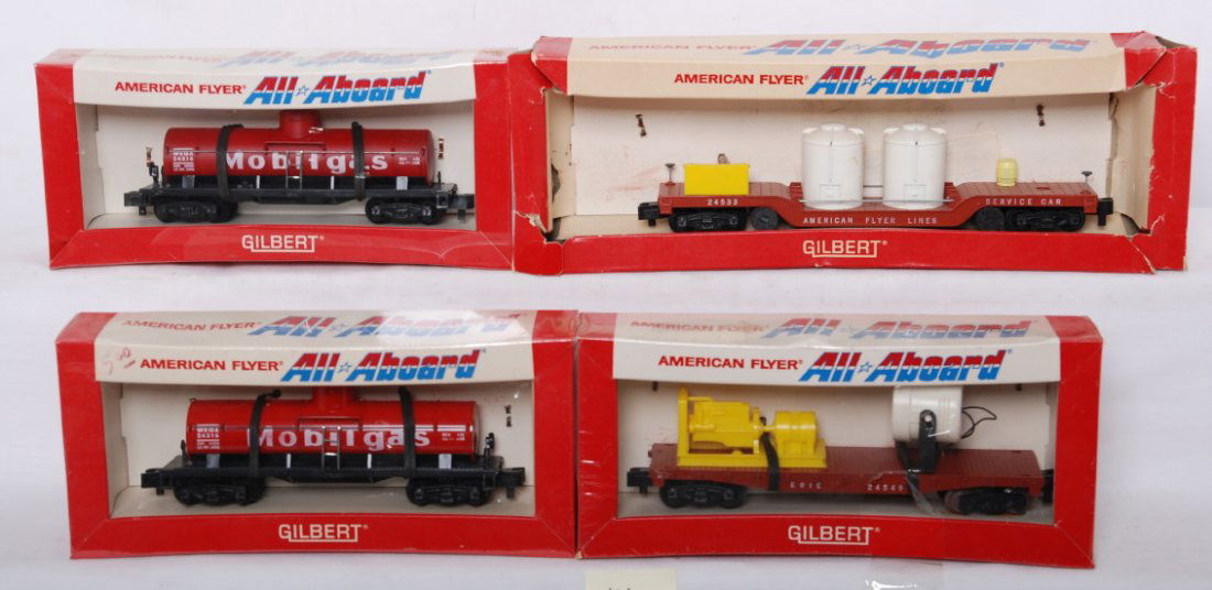 4 American Flyer cars 24316, 24549, 24533: American Flyer postwar S gauge All Aboard freight cars in OBs. Includes two sealed 24316 Mobilgas tank cars, sealed 24549 floodlight car sealed, and 24533 track cleaning car in C7 condition with OB ha