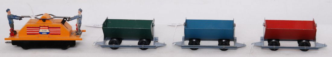 American Flyer 5300T mine train set: American Flyer postwar S gauge 5300T mine train set includes 740A handcar with three dump cars, 740A is lower C7 with some dirt and wear on the figures. Car has clean body and nice decals with only ve