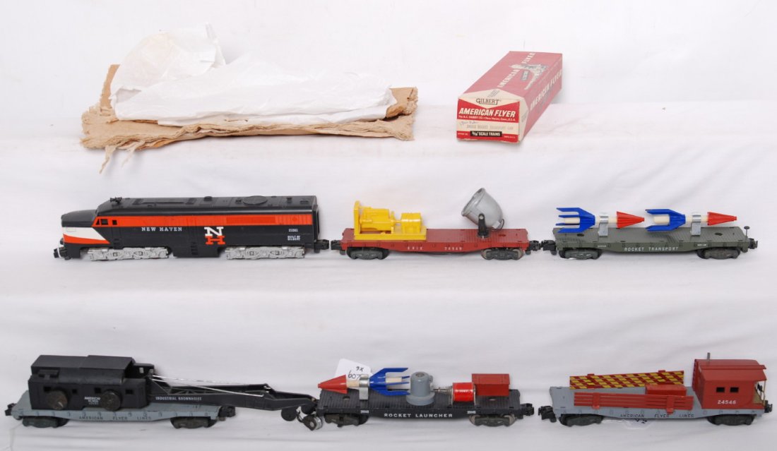 American Flyer 20144 Rocket Freight set: American Flyer postwar S gauge 20144 Rocket Freight set. Includes 21561 New Haven Alco A unit, 25045 rocket launch flat, 24553 rocket transport flat, 24543 crane, 4549 Erie searchlight, and 24546 work