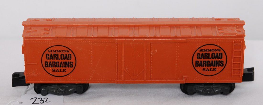 American Flyer 24420 Simmons boxcar: American Flyer postwar S gauge 24420 Simmons Carload Bargains Sale boxcar. This is an original. Car is C7 with a few nicks in the shell, and a few very small scratches in the graphics. VERY tough car 