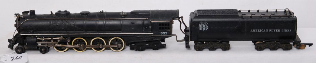 American Flyer 332 Union Pacific 4-8-4 Northern: American Flyer postwar S gauge 332 Union Pacific / American Flyer Lines 4-8-4 Northern steam locomotive. Loco is C7 area. A few small paint chips on the fireman's side of the boiler. Nice clean letter