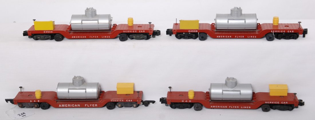 4 American Flyer track cleaning cars 648, 948, 245: American Flyer postwar S gauge track cleaning cars. Four cars include 948, 648, and two 24533 cars, one missing brake wheel. Cars are C7 to C7+. See photos for best description.