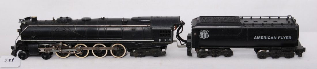 American Flyer K335 Union Pacific 4-8-4: American Flyer postwar S gauge K335 Union Pacific / American Flyer 4-8-4 steam locomotive. Loco is C7 condition with some light discoloration on the driver tires, one slightly bent number board, and a
