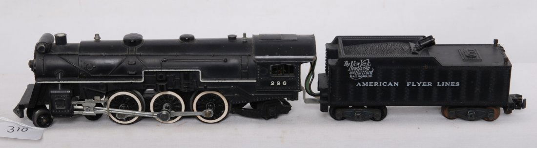 American Flyer 296 New Haven 4-6-2: American Flyer postwar S gauge New Haven 296 steam locomotive. Loco is C6-7 with a few larger paint chips on the feed water heater and on the pilot. Tender steps are good.