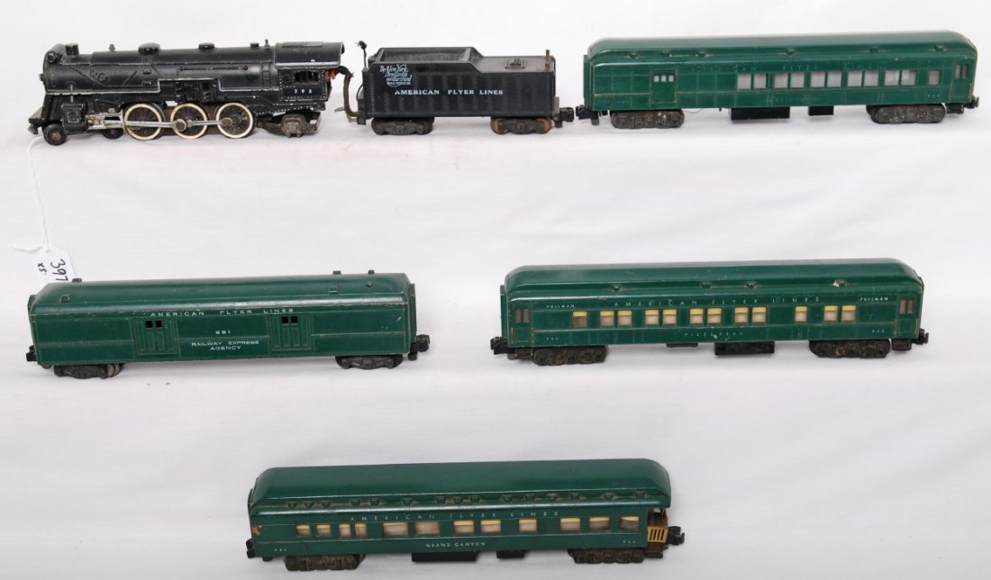 American Flyer K5436T Meteor: American Flyer S gauge set no. K5436T The Meteor steam passenger set with green cars including; 293 New Haven 4-6-2 Pacific loco and tender, 951 REA baggage, 952 Pikes Peak Pullman, 953 Niagara Falls 