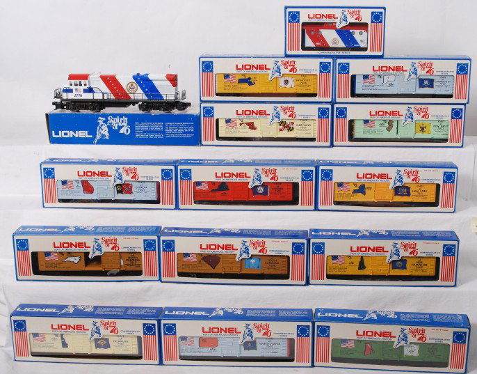 Lionel Spirit of 76 set: Lionel modern O Gauge Spirit of 76 diesel train set in original boxes, C9-10 condition. One of the nicest examples of this set we have had in recent memory. Boxes show very light wear on corners, edge