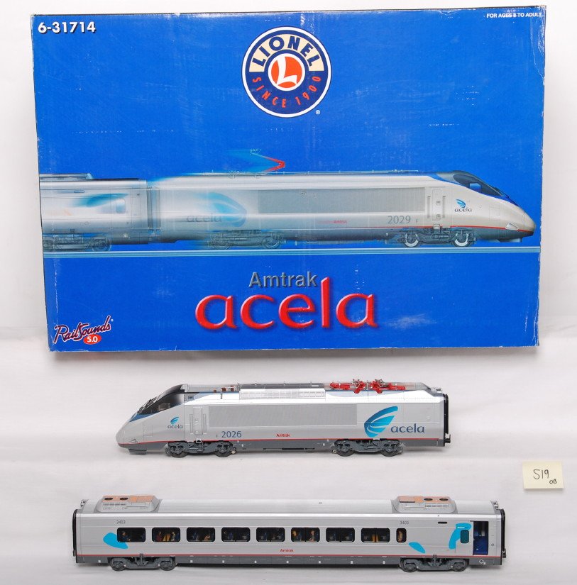 Lionel 31714 Amtrak Acela set: Lionel modern O Gauge 31714 Amtrak Acela set in OBs. This set is loaded with features. TMCC, Railsounds 5.0, Operating pantographs, automatically opening doors, directional lighting and so much more. 