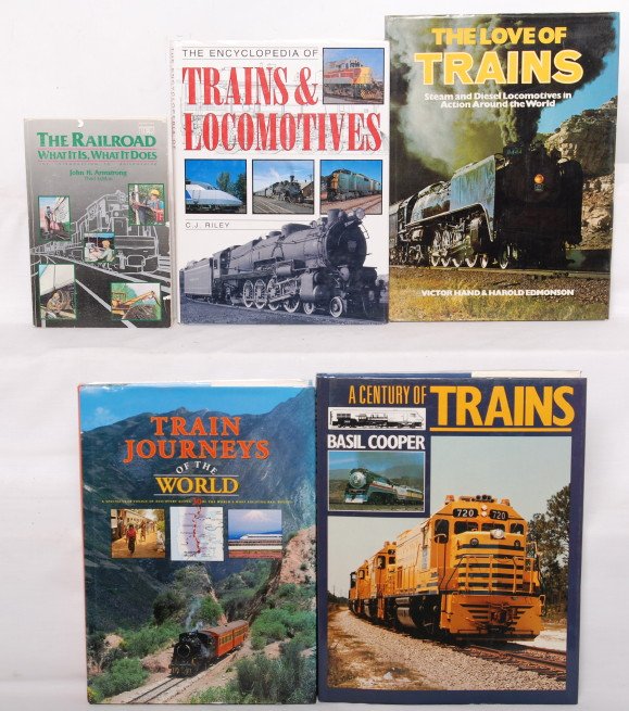 5 Railroad books Armstong, Riley, Hand, etc: Five Railroading books. Includes The Railroad, What it is, What it does by Armstrong, The Encyclopedia of Trains and Locomotives by Riley, The Love of Trains by Hand, A Century of Trains by Cooper, an