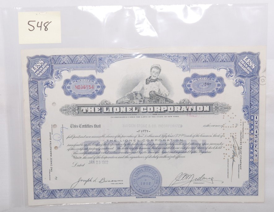 Lionel Corp. less than 100 shares stock certificat: The Lionel Corporation less than 100 shares stock certificate dated Jan 23 1962. Issued to Hayden Stone & Co.