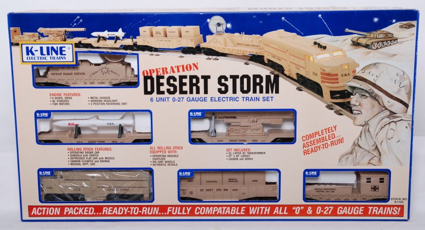 K Line K1125 Desert Storm set: K Line modern O gauge K-1125 Desert Storm train set in OB. Set is open, but trains are C9-10. Set is complete. Set box has very light wear.