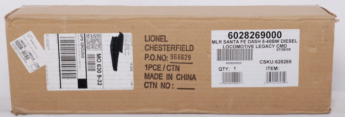 Lionel 28269 Santa Fe Dash 8 with Legacy: Lionel modern O gauge 28269 Santa Fe Dash 8-40BW diesel locomotive in OB. Loco features Legacy TMCC control, smoke unit, Legacy Railsounds, and more. Loco is factory sealed in the master carton C10.