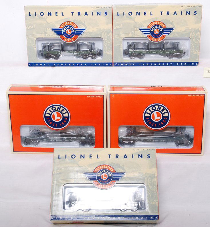 5 Lionel operating freight cars 36727 36739: Lionel modern O gauge operating freight cars in OBs. Five cars include two 36727 Weyerhaeuser Moe and Joe operating lumber cars and three 36739 Postwar Celebration Series 3461 Lionel Lines log dump ca