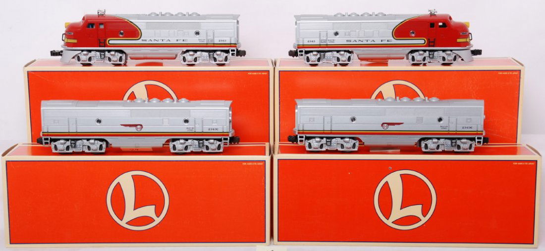 Lionel Santa Fe 18128, 18129, 18136, 18134 A-B-B-A: Lionel modern O gauge Santa Fe A-B-B-A F3 set. Includes 18128 2343 Santa Fe F3 A unit, 18129 2343C Santa Fe F3 B unit, 18136 2343C Santa Fe F3 B unit, 18134 2343 Santa Fe F3 A unit, all in original bo