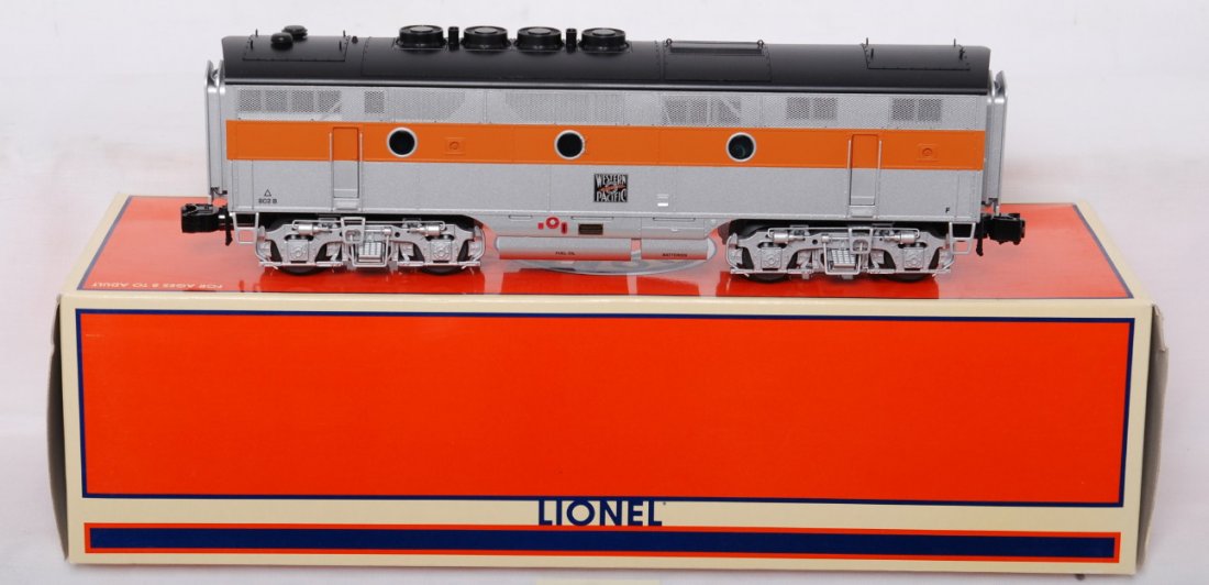 Lionel 24518 Western Pacific powered B unit with T: Lionel modern O gauge 24518 Western Pacific powered F3 B unit in OB. Engine is high C8+ with very light run time. Also features directional lighting, dual motors, TMCC control, and Electrocouplers on 