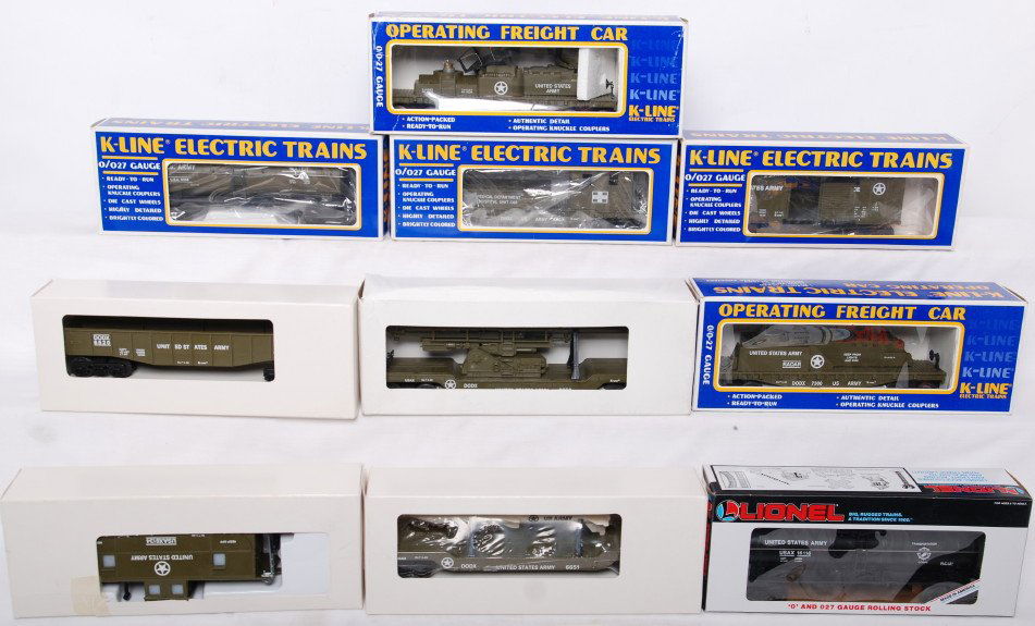 10 K Line and Lionel military freight cars: K Line and Lionel modern O gauge military cars in OBs. Ten cars include Lionel 16116 Army tank car, 6651 missile flat car, 6134 Army caboose, 6520 Army gondola, 6650 cannon flat 7300 Army radar car, 6