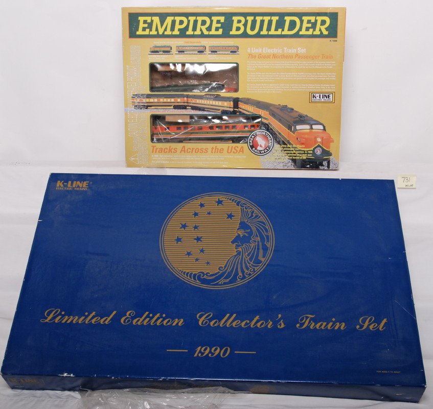 K Line Great Northern and Procter and Gamble sets: K Line modern O gauge train sets in OBs. Includes K-1808 Great Northern Empire Builder set in OB. Set is C7-8 and appears to be mostly complete. Also included is 1990 limited Procter and Gamble set in