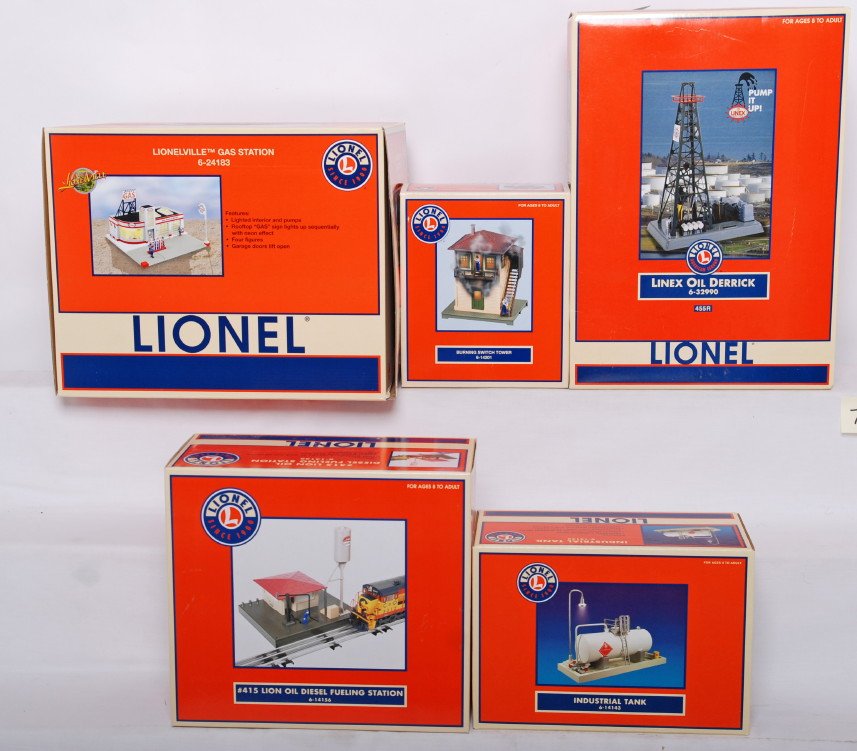 Lionel accessories 32990, 24183, 14156, etc: Lionel modern O gauge accessories in OBs. Includes 32990 Linex oil derrick, 24183 Lionelville gas station, 14156 415 fueling station, 14143 industrial tank, and 14201 burning switch tower. Items are C