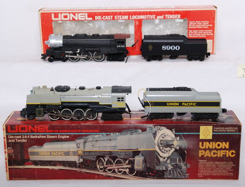 Lionel Union Pacific 2-8-4 and Santa Fe 4-6-4: Lionel modern O gauge steam locomotives in OBs. Includes 8900 Santa Fe 4-6-4 from the Famous American Railroad series and 8002 Union Pacific 2-8-4 Berkshire from the Famous American Railroad series. L