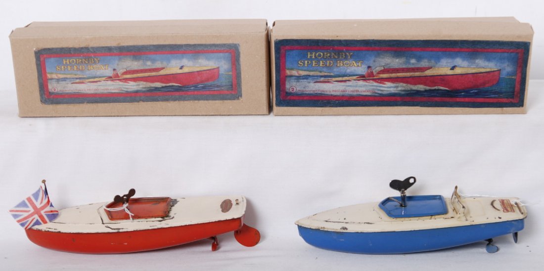 Two Hornby Speed Boat No. 2 in OB Hawk and Flash: Postwar Hornby Speed Boat No. 2, Hawk and Flash boats in original boxes. Boats look C6 area. Both motors work well. Boxes show no wear.