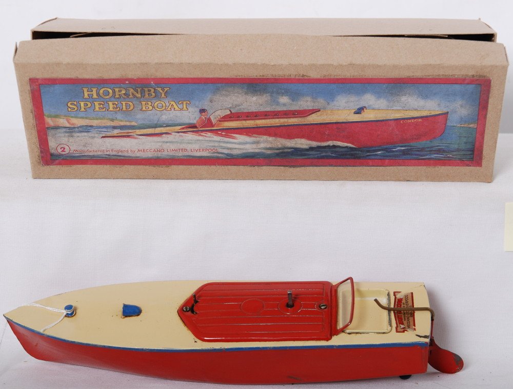 Hornby Speed Boat No. 2 Swift in OB: Postwar Hornby Speed Boat No. 2 Swift in original boat, C6-7. Box shows no wear.