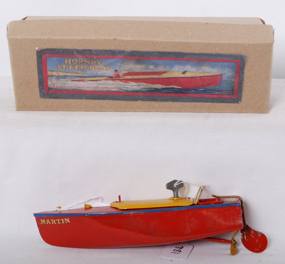 Hornby Speed Boat No. 2 Martin in OB: Postwar Hornby Speed Boat No. 2 Martin in original box. Boat should clean and polish to look C7-8. Box shows no wear. Motor operates well.