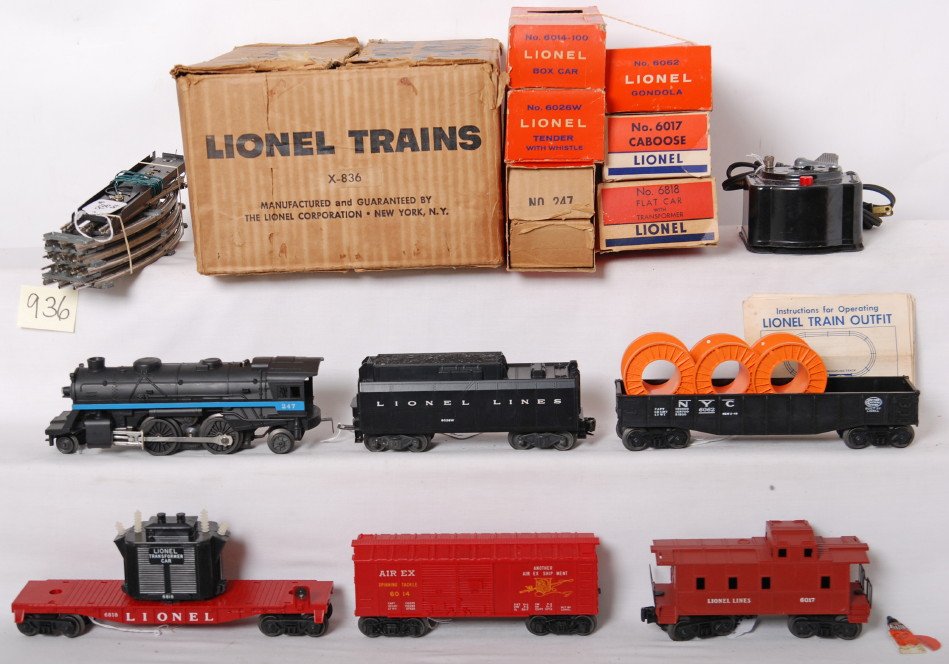 Lionel X-836 steam freight set in original boxes: Postwar Lionel O gauge X-836 steam freight set in original box with instructions sheets, track, type 1053 60 watts transformer with supple original cord. Set is comprised of 247 steam locomotive and 6