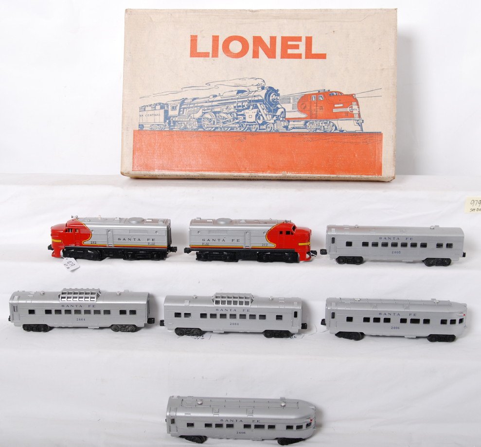 Lionel 11490 Santa Fe Alco passenger set: Lionel Postwar O gauge 11490 Santa Fe Alco passenger set in OBs with extras. Set consists of 212P and 212 Santa Fe twin Alco diesel A units, 2404 Santa Fe Pullman coach, Santa Fe 2405 Pullman coach, a