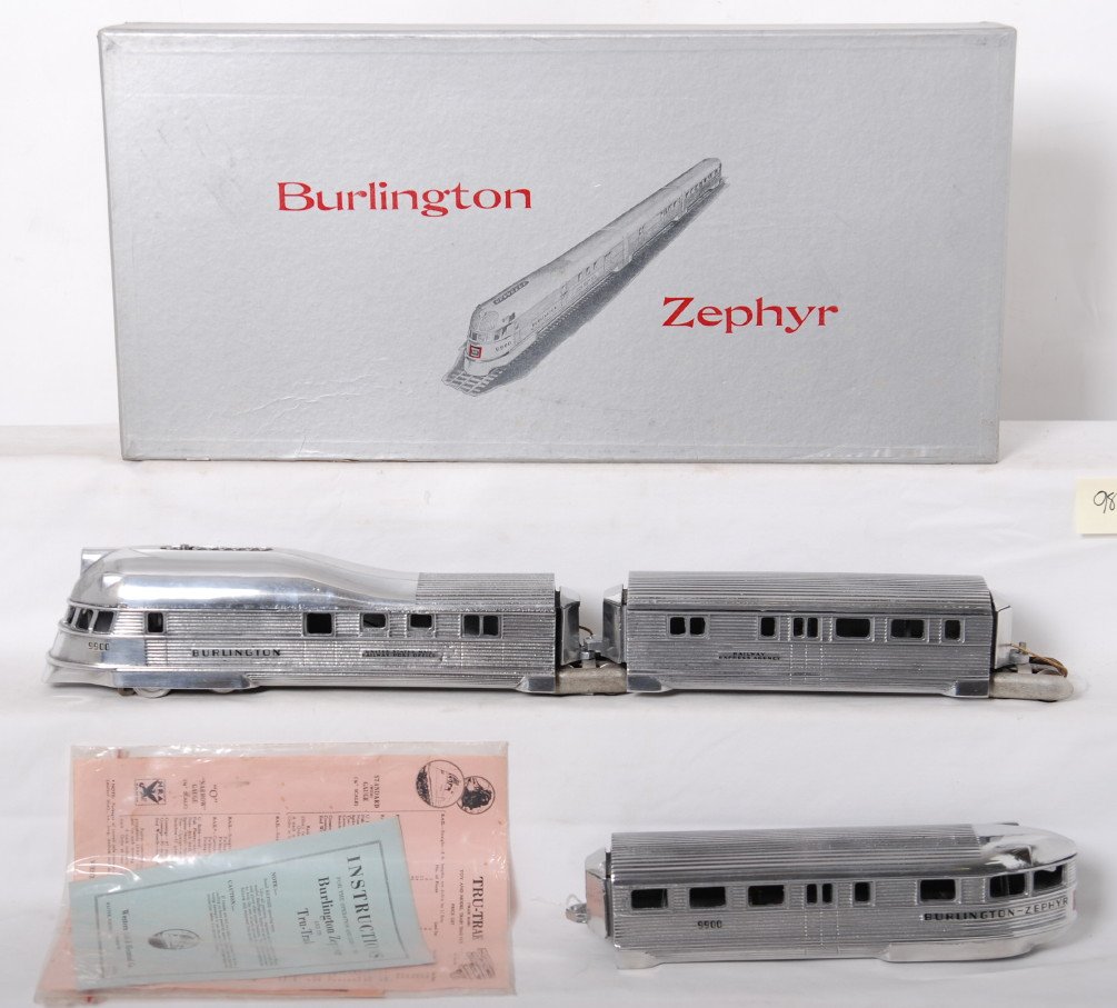 Reproduction Western Coil Burlington Zephyr set: Reproduction Burlington Zephyr prewar O Gauge sandcast aluminum train made by Consoli Family Trains / The Western Coil and Electrical Co. in OB. The set contains the loco numbered 9900, Railway Expres
