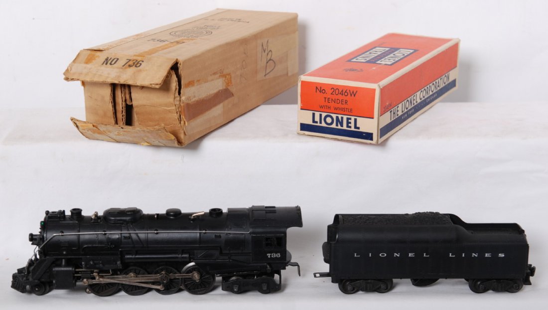 Lionel 736 Berkshire with boxes: Lionel Postwar O gauge 736 Berkshire with 2046W tender in OBs. Tender box is missing one end flap, but includes insert, some light pencil writing on box. Loco box has a partially detached inner flap a