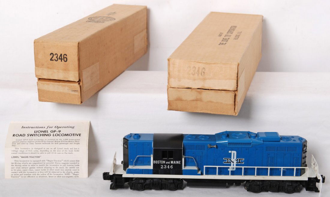 Lionel 2346 B&M GP in OB: Lionel postwar O gauge 2346 Boston and Maine GP, one hairline at screw on one end otherwise C8. Includes brick OB and tough outer shipping carton.