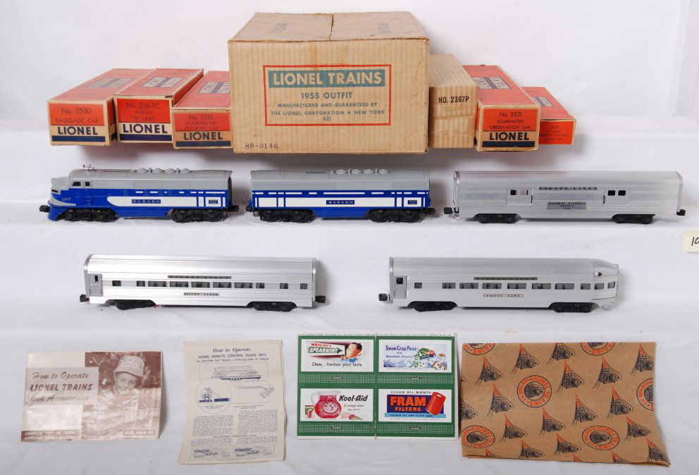 Lionel postwar A25 or 2244W Wabash F3 set: Lionel postwar O gauge set A25 with a square and nice set box. This set box is the tougher version of the 2244W Wabash passenger set that is numbered A25. This set includes 2367 Wabash F3 AB units, 25