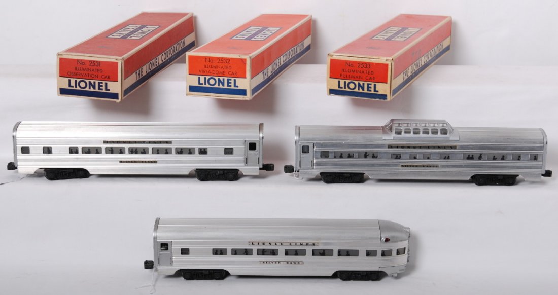 Lionel flat channel aluminum 2531, 2532, 2533 OB: Lionel postwar O gauge aluminum passenger cars including 2531 Silver Dawn, 2532 Silver Range and 2533 Silver Cloud. All three are flat channel variation cars. C7+. Boxes are correct coupler protection