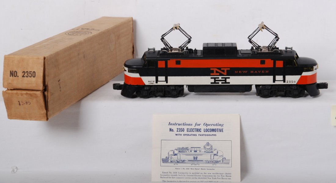 Lionel 2350 reverse color New Haven EP5, OB: Lionel postwar O gauge 2350 New Haven EP-5 electric. Tougher reverse color letter variation with nose decal. C7-8. OB is C8 with instruction sheet.