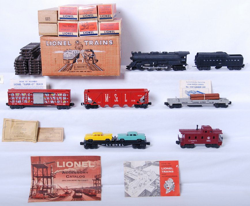 Lionel C-503WS 665 steam freight set in original: Postwar Lionel O gauge outfit No. C-503WS 665 steam freight set with smoke and whistle in original boxes with 665 steam locomotive (one slightly dinged cab corner) 2046W tender with whistle, 3361X ope