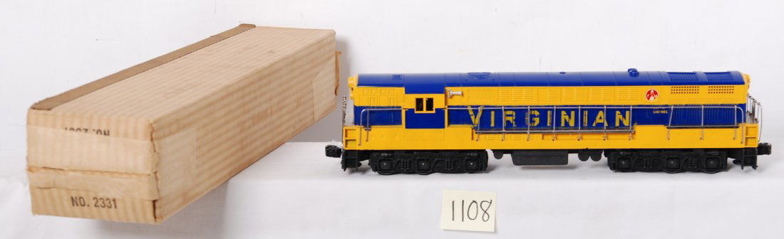 Lionel 2331 Virginian Fairbanks Morse Trainmaster: Postwar Lionel O gauge No. 2331 Virginian Fairbanks Morse Trainmaster diesel locomotive, super tight hairline at front screw only and a tiny nick to bottom edge of shell, otherwise looks C8. Box has p