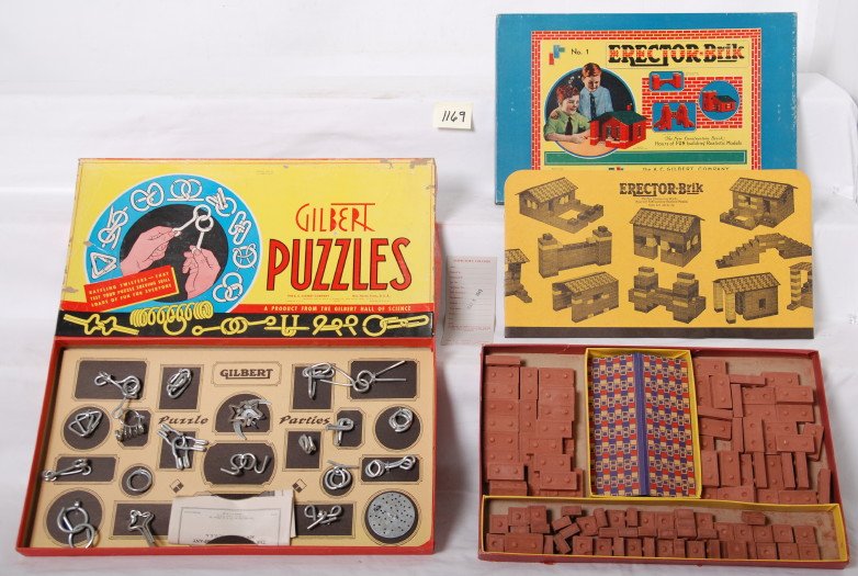 Gilbert Erector Brik and 1032 Gilbert Puzzle: Gilbert Erector Brik number 1 set about 80% complete with instructions and 1032 Gilbert Puzzles set which is complete. Both boxes shoe some shelf wear. C7-8.