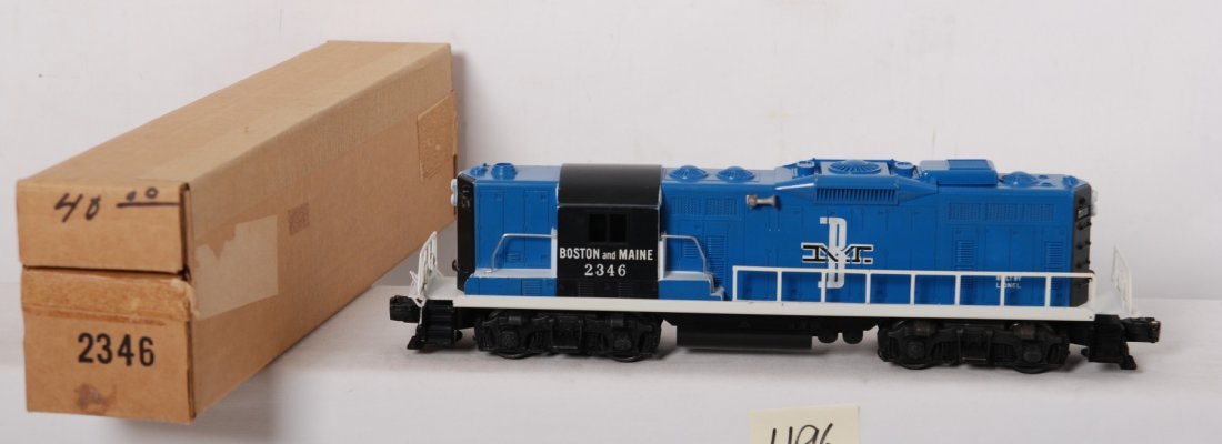 Lionel 2346 Boston and Maine GP-9 diesel in OB: Postwar Lionel O gauge gray mold 2346 Boston and Maine GP-9 diesel locomotive in original box, C8. Box has missing tape, C8-9.