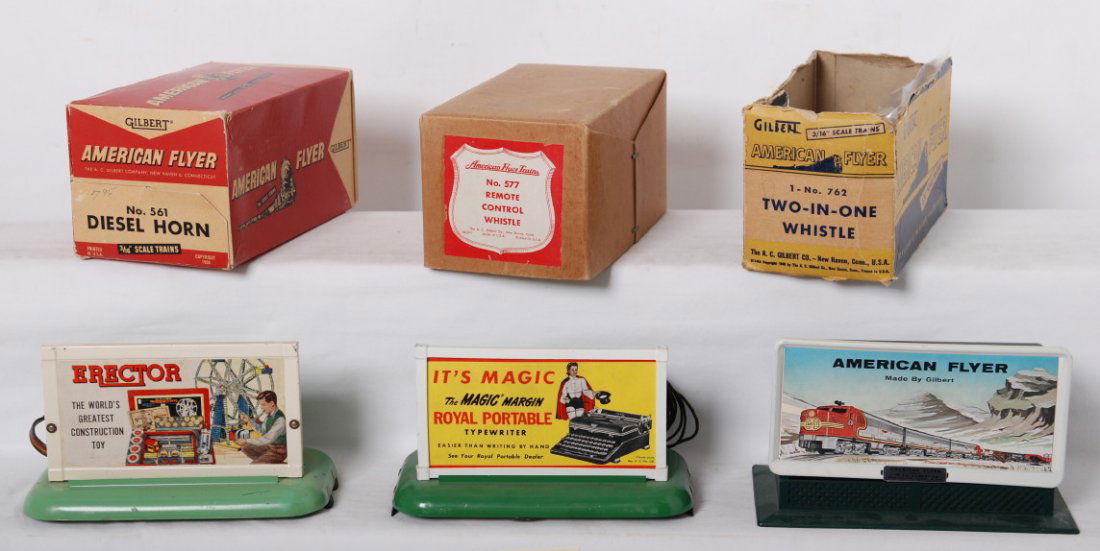 3 American Flyer whistle billboards 762, 577, 561: American Flyer postwar S gauge whistling billboards in OBs Includes 561 diesel horn, 577 steam whistle and 762 two in one. All control buttons includes, one instruction sheet, top flap missing from 76