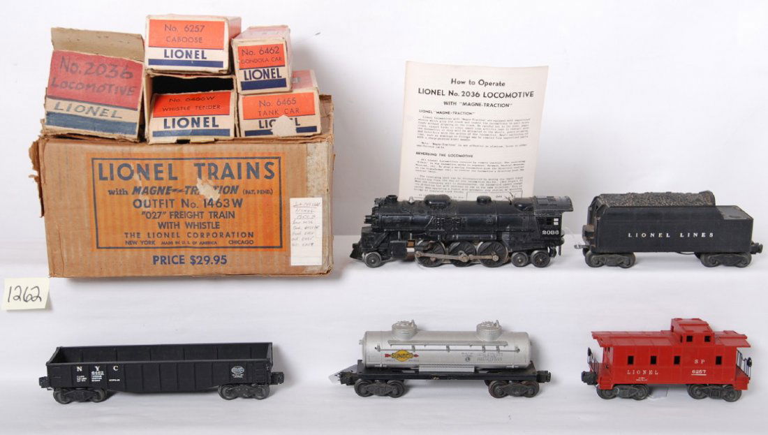 Lionel 1463W freight train with whistle in OB: Postwar Lionel O gauge 1463W freight train with whistle in original boxes. Trains should clean and polish C6-7. Boxes have missing flaps, repairs, etc. Set box has wear to edges, square and solid. Set