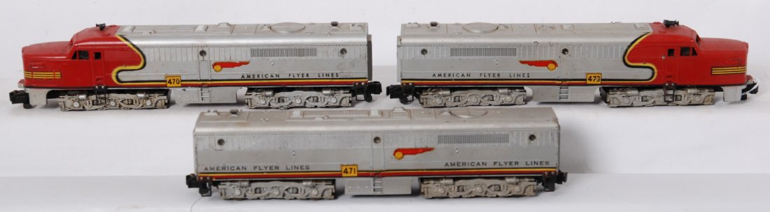 American Flyer Santa Fe A-B-A 470, 471, 473: American Flyer postwar S gauge Santa Fe Alco A-B-A Shells are C6 area, frames are C5-6, heavy rust on one truck of B unit. Some light chipping on nose deal and side decal of 473.