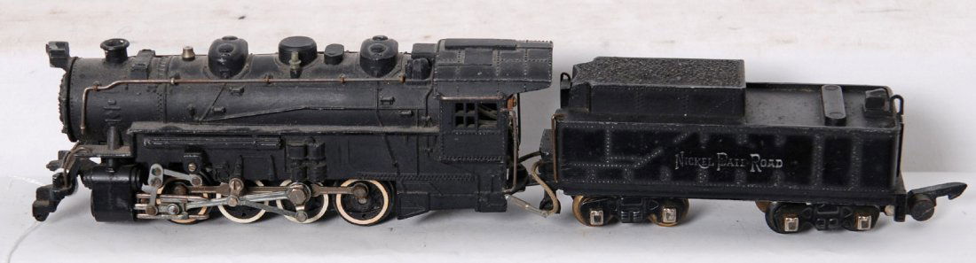 American Flyer prewar 574 Nickel Plate 0-8-0: American Flyer prewar S gauge 574 Nickel Plate 0-8-0 loco. Loco is missing front link bar and cab numbering has worn off, tender lettering is faded but is still present. C6, however one broken running
