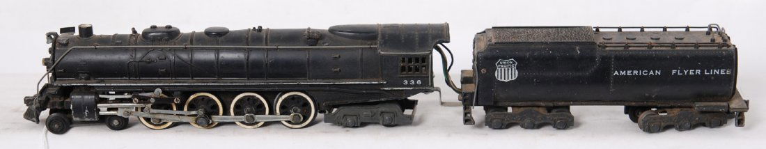 American Flyer 336 Union Pacific 4-8-4 loco: American Flyer postwar S gauge 336 Union Pacific 4-8-4 Northern steam locomotive. Loco is C6, one missing number board, some light paint wear, and shelf dirt.
